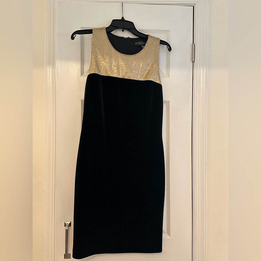 Gold sequin and black velvet dress